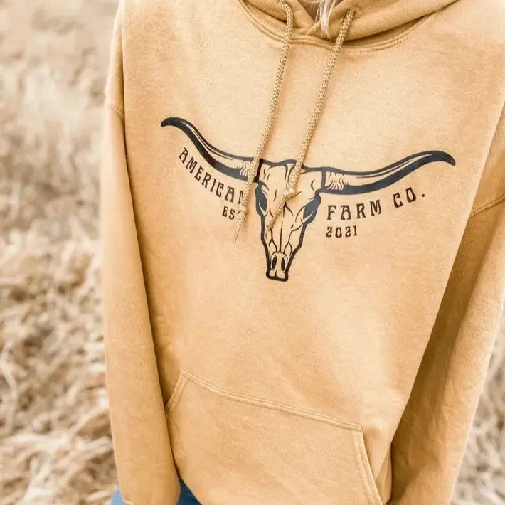 American Farm Co."Skull Horns" Logo Hoodie in Old Gold