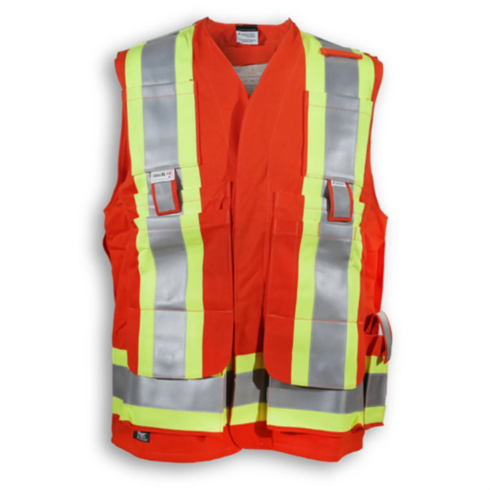 Big K Men's Flame Resistant Hi-Vis Indura Ultrasoft Surveyor CSA Safety Vest | HRC 2 | 3M Reflective Tape | 12 Pockets | High Visibility | Sizes S-5XL