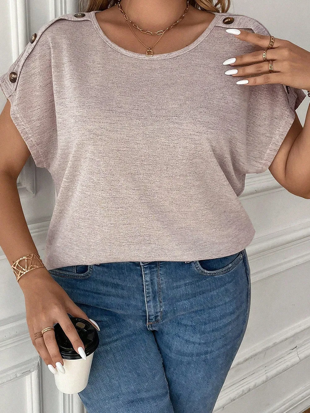 Buttoned Batwing Sleeve Plus Size Casual Tee