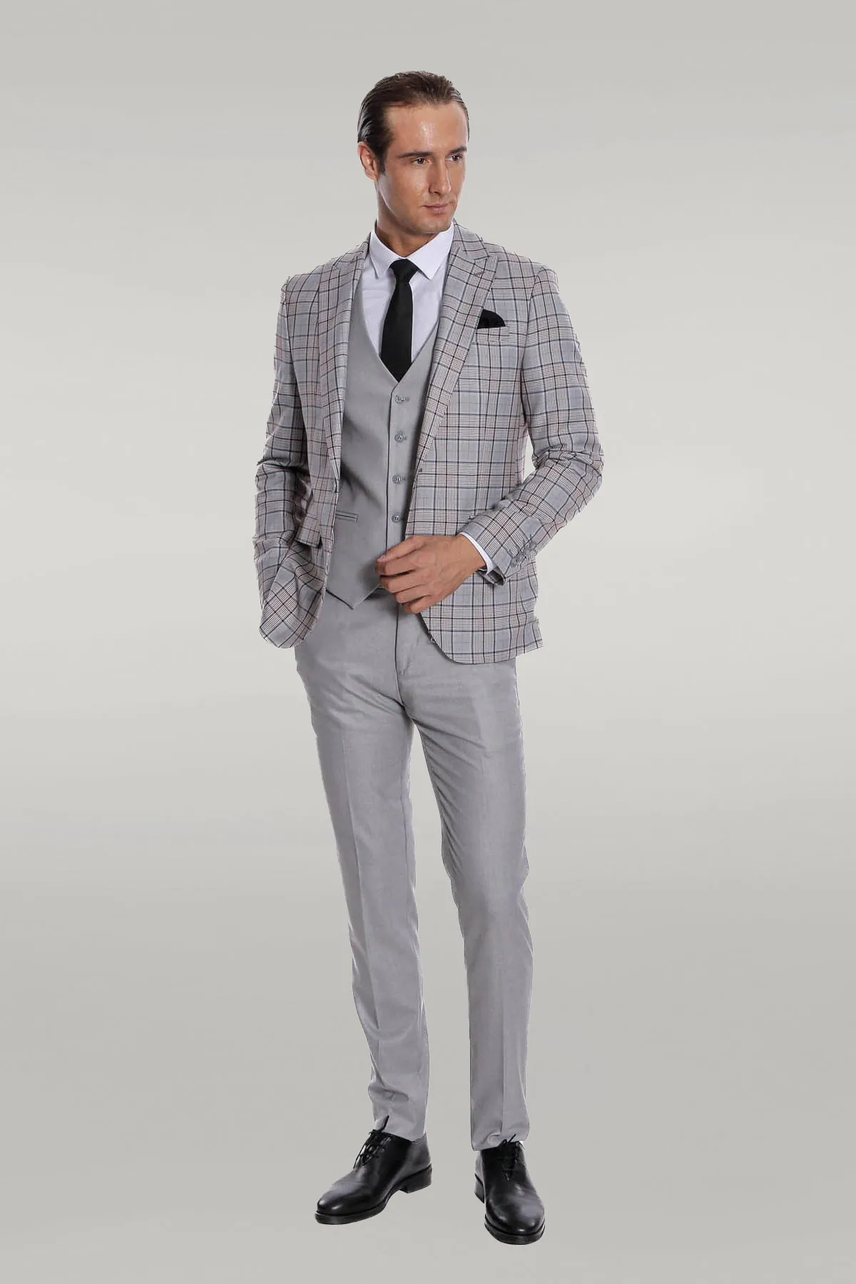 Checked Slim Fit Light Grey Men Suit - Wessi