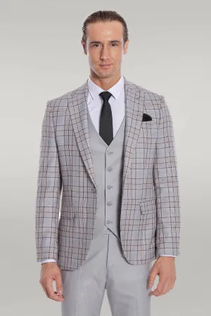 Checked Slim Fit Light Grey Men Suit - Wessi