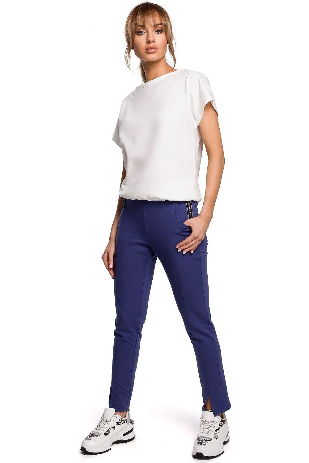 Chic Cotton Knit Slit Trousers with Distinctive Topstitching