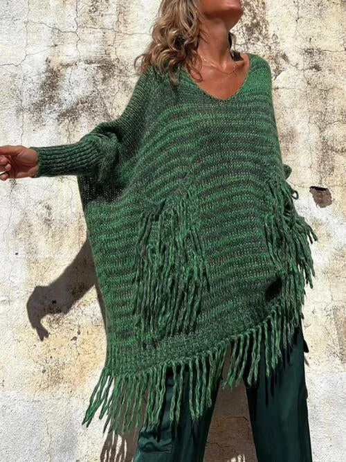 Chic Knit Fringe Detail Tassel Trim Pockets Loose Sweater