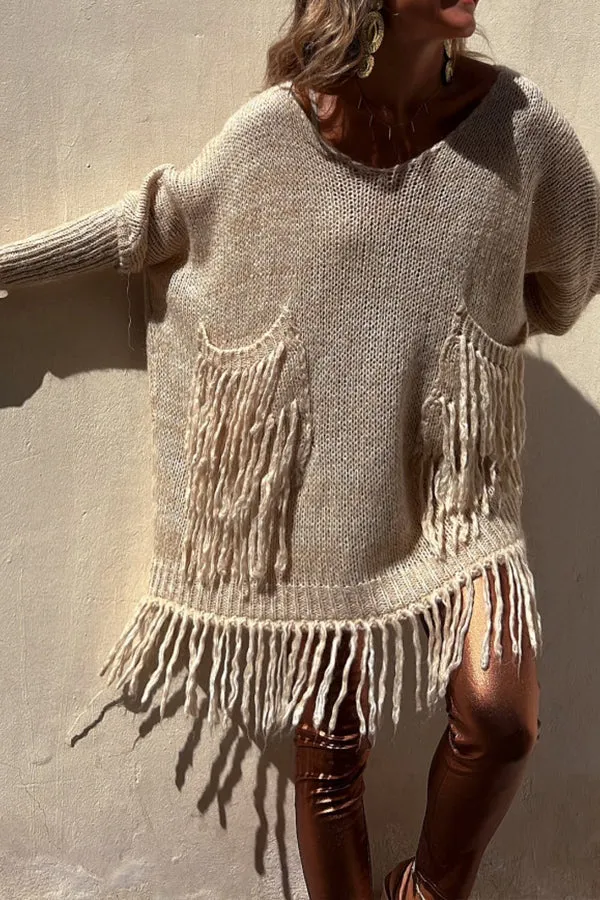 Chic Knit Fringe Detail Tassel Trim Pockets Loose Sweater