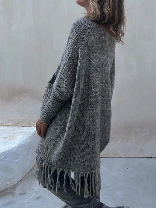 Chic Knit Fringe Detail Tassel Trim Pockets Loose Sweater