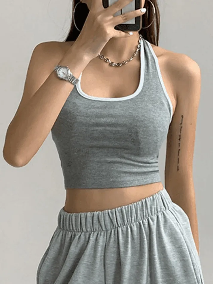 Contrast Trim Cropped Halter Tank Top