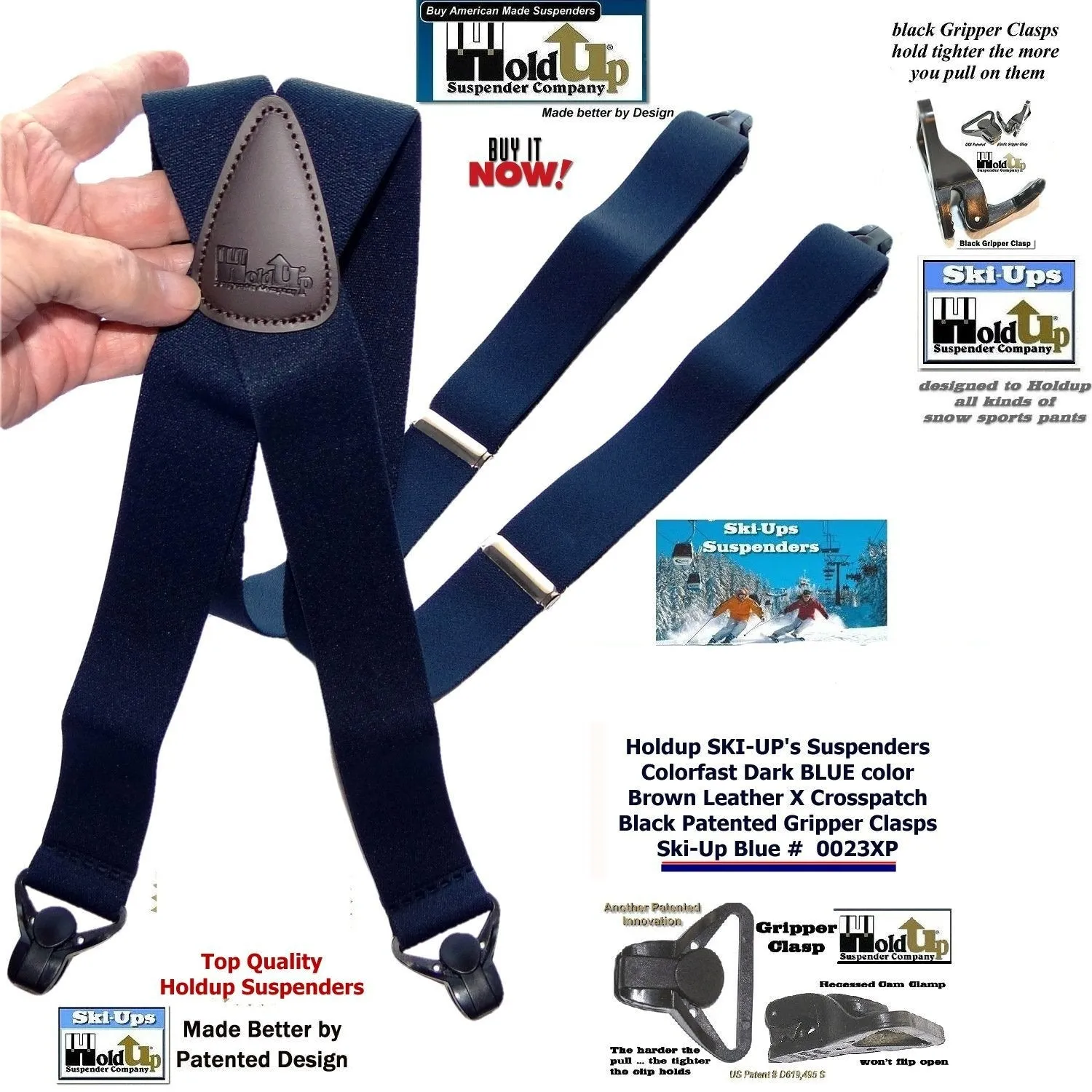 Dark Blue Holdup Brand Snow Ski X-back Suspenders with USA Patented black Gripper Clasps