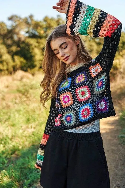 Davi & Dani Floral Crochet Striped Sleeve Cropped Knit Sweater