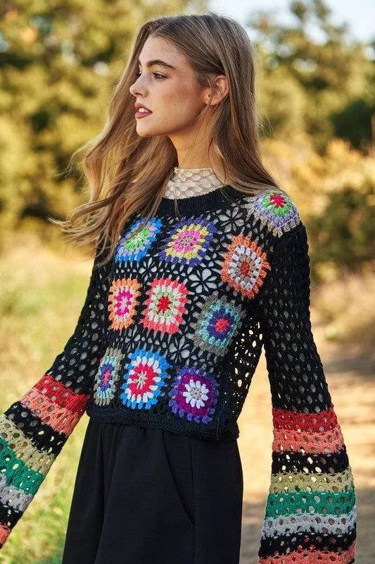 Davi & Dani Floral Crochet Striped Sleeve Cropped Knit Sweater