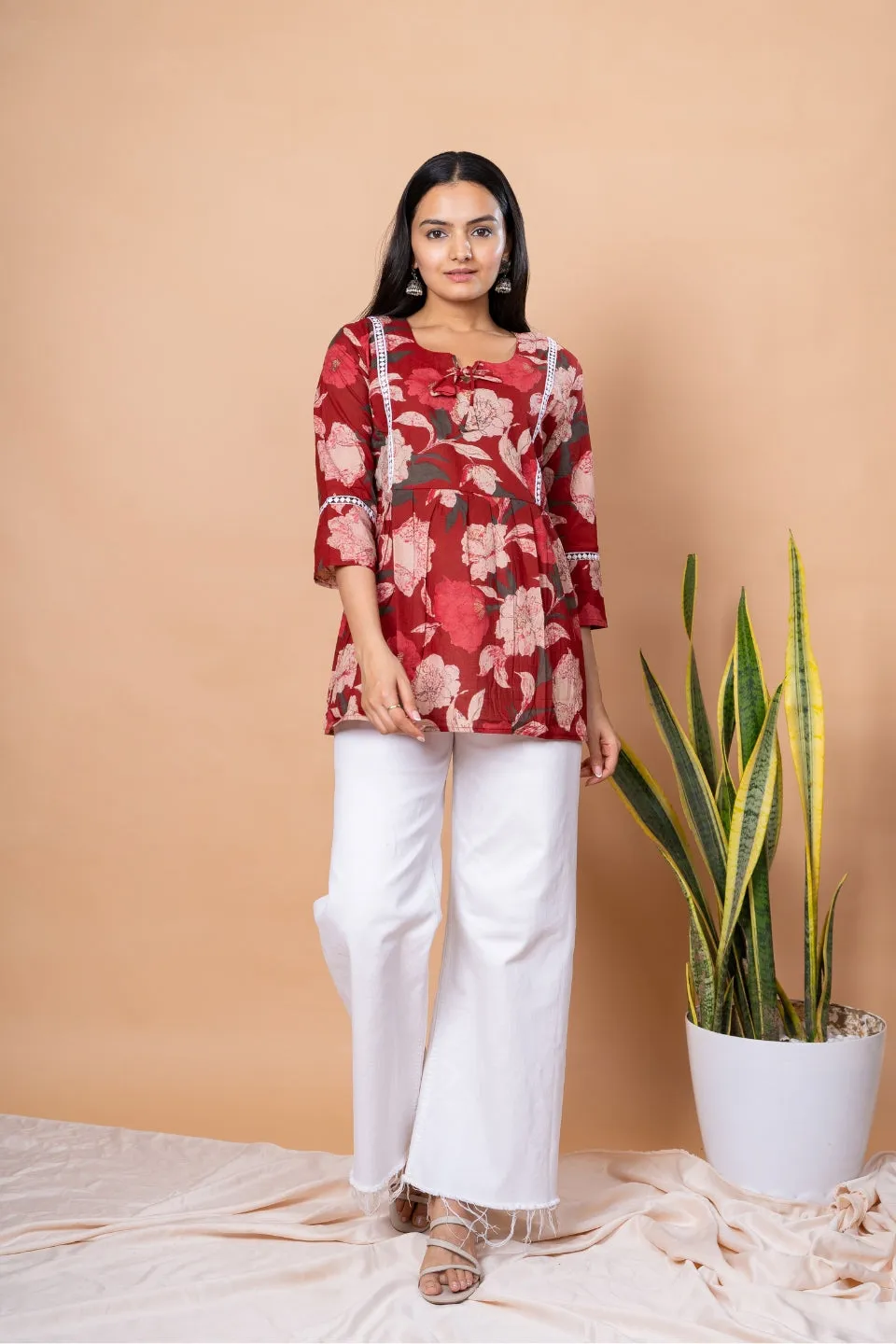 Ekisha's women maroon designer floral printed cotton tunic top short kurti