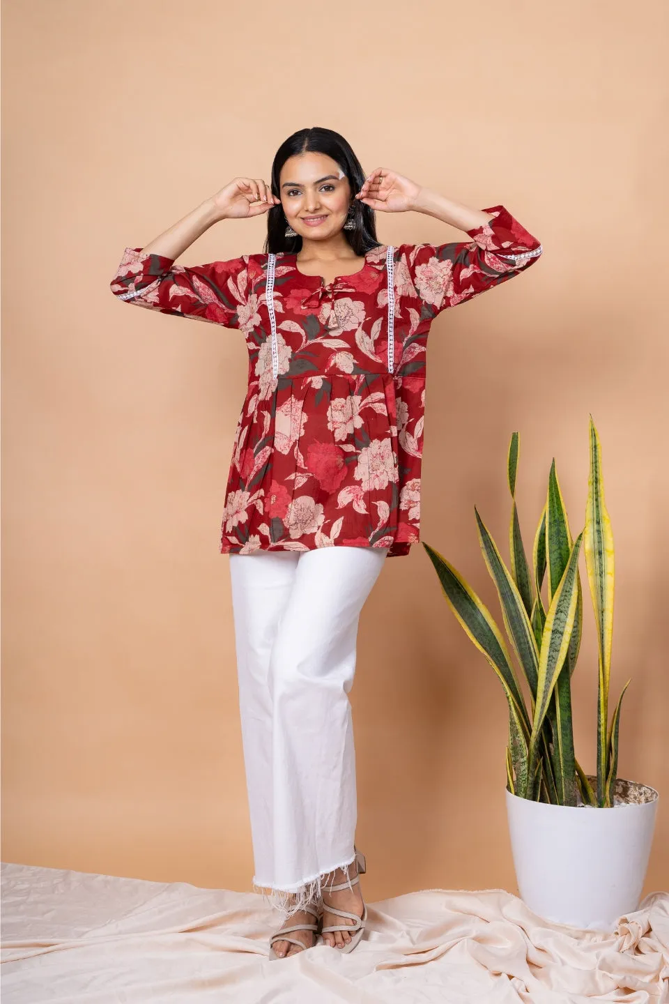 Ekisha's women maroon designer floral printed cotton tunic top short kurti