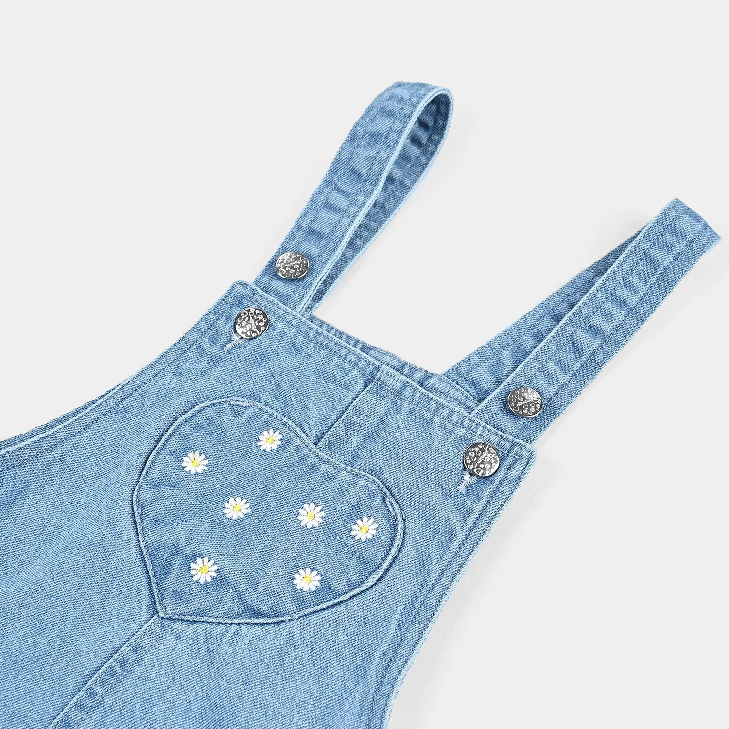 Girls Denim Rigid Dungaree Bear Flower-LIGHT BLUE