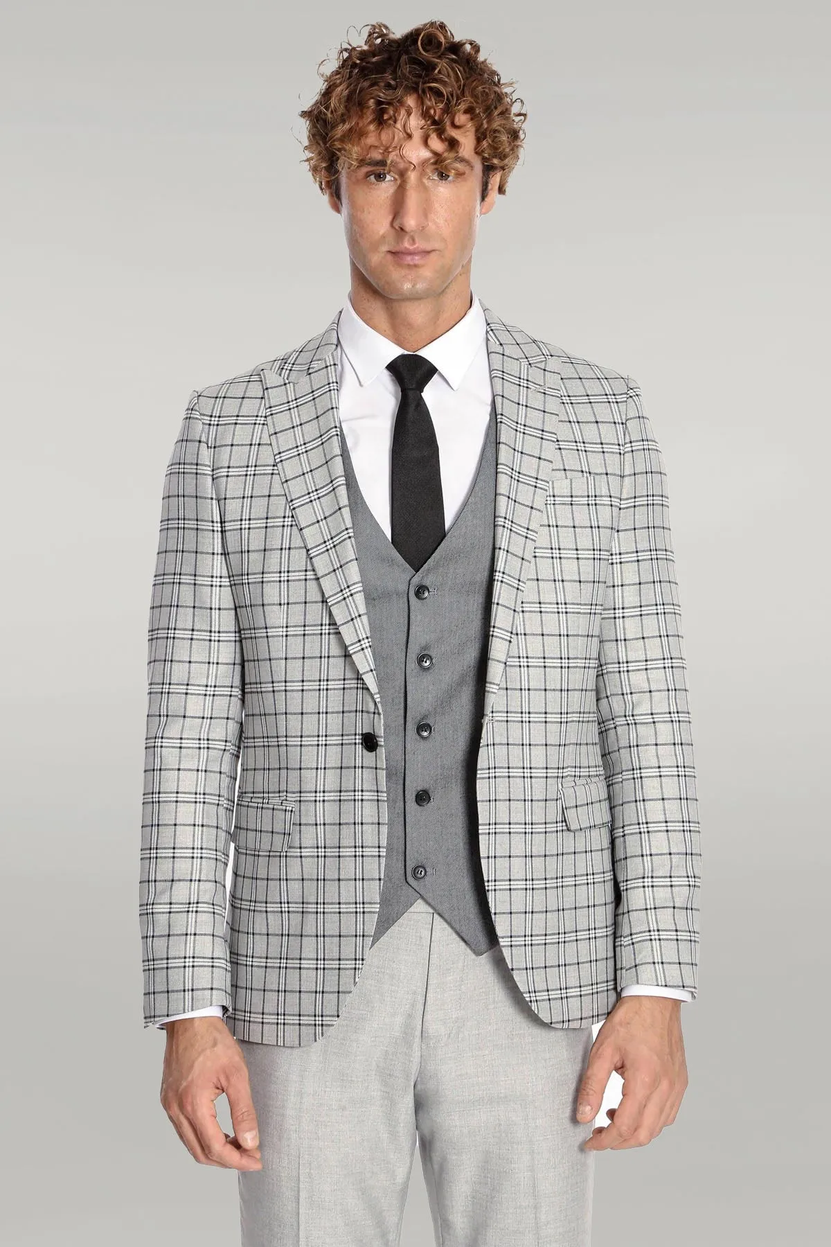 Grey Vested Slim Fit Checked Light Grey Men Suit - Wessi