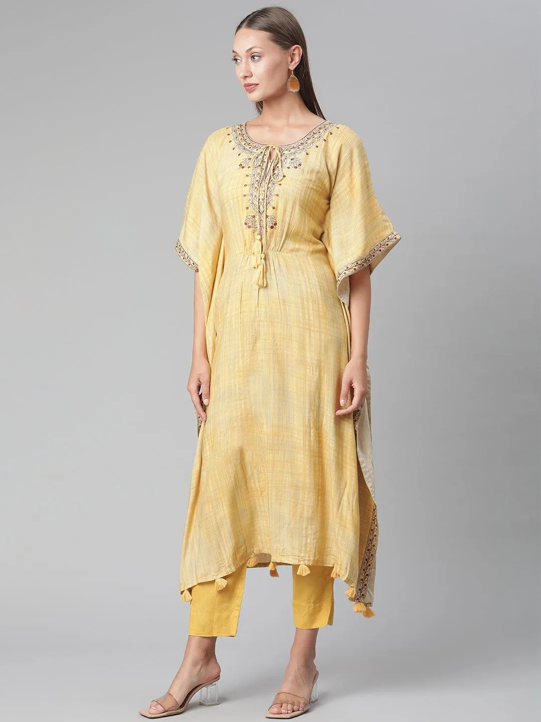 Jashvi Yellow Rayon Kaftan Pant set