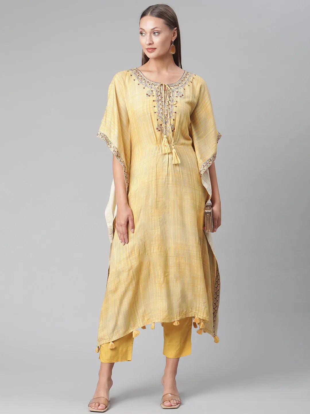 Jashvi Yellow Rayon Kaftan Pant set