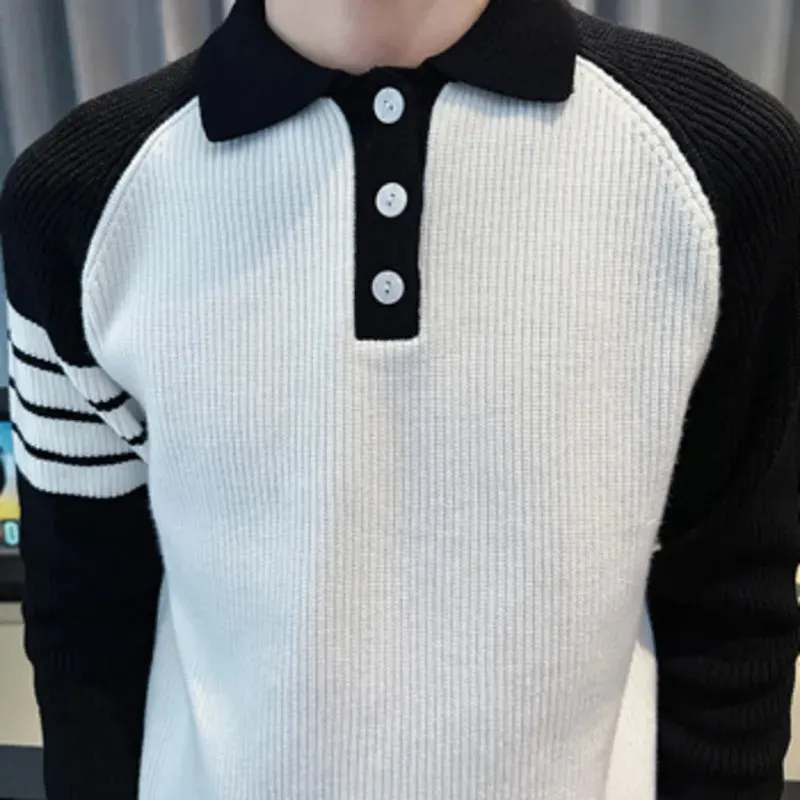 Lapel Striped Knitted Sweatshirt