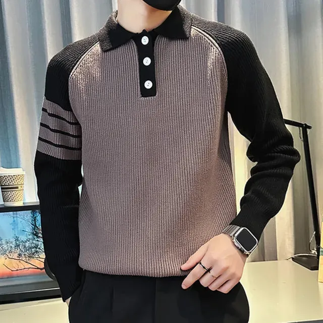 Lapel Striped Knitted Sweatshirt