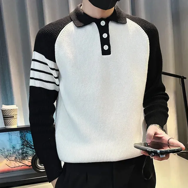 Lapel Striped Knitted Sweatshirt