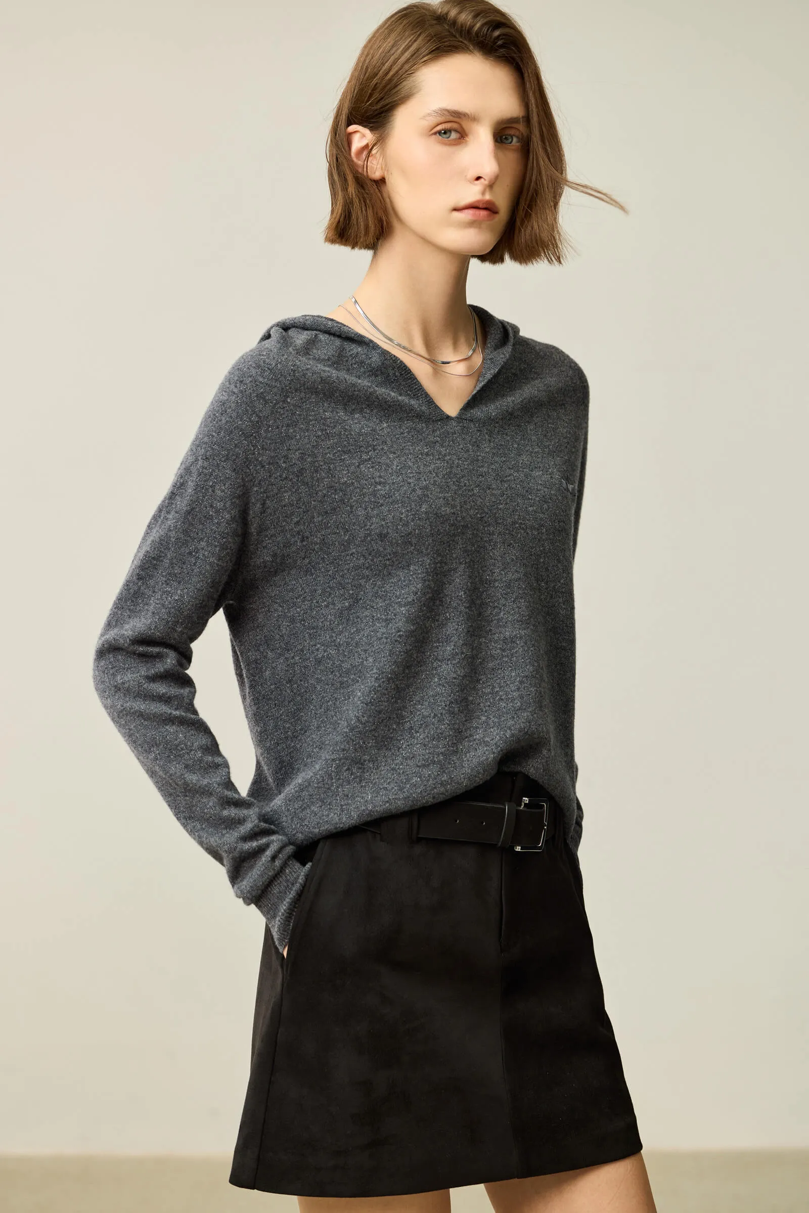 LILY Merino Wool V-Neck Hooded Sweater