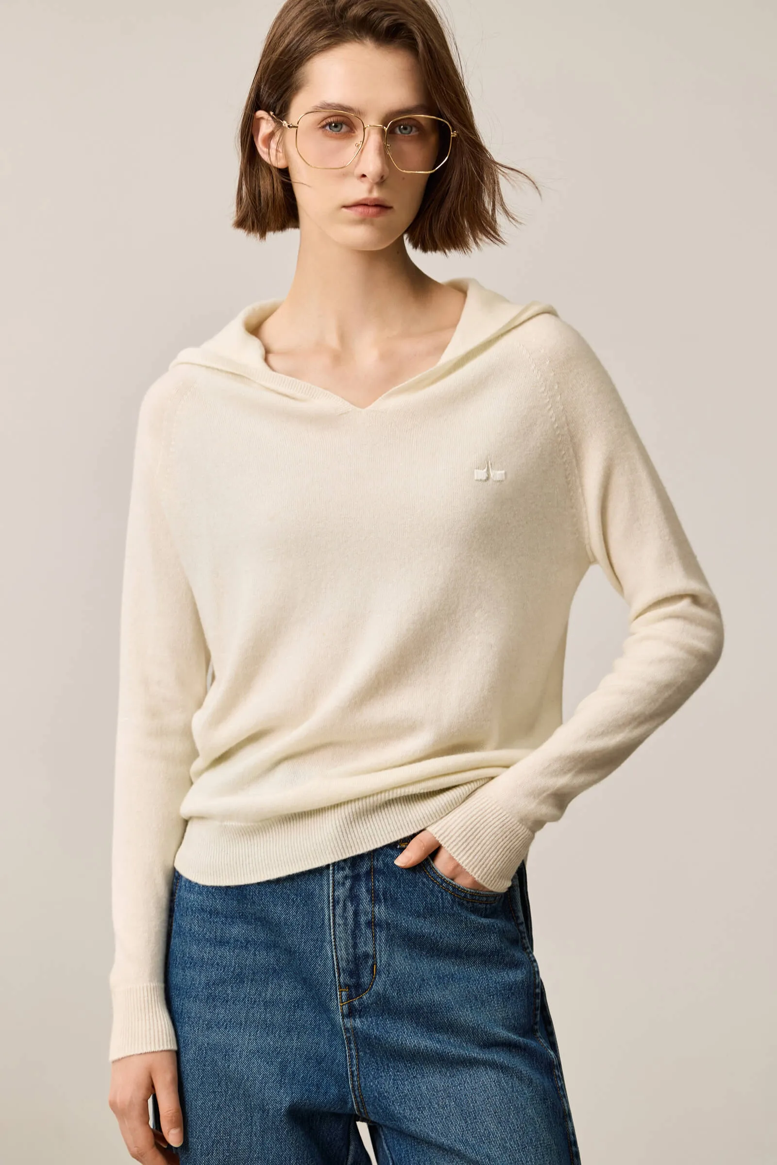 LILY Merino Wool V-Neck Hooded Sweater