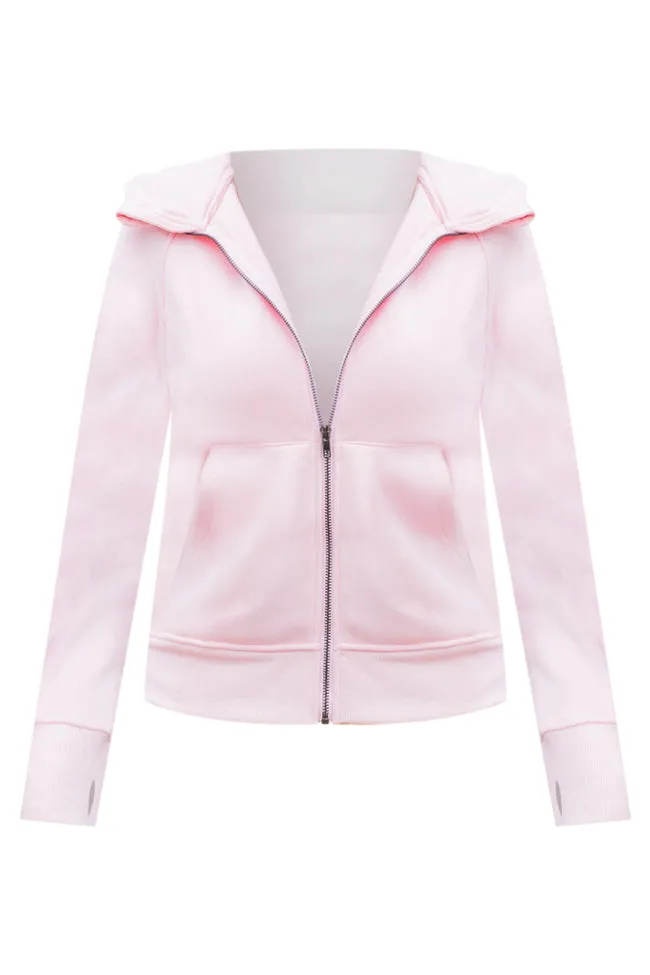 Making It Look Easy Light Pink Ribbed Shoulder Fitted Full Zip Sweatshirt FINAL SALE