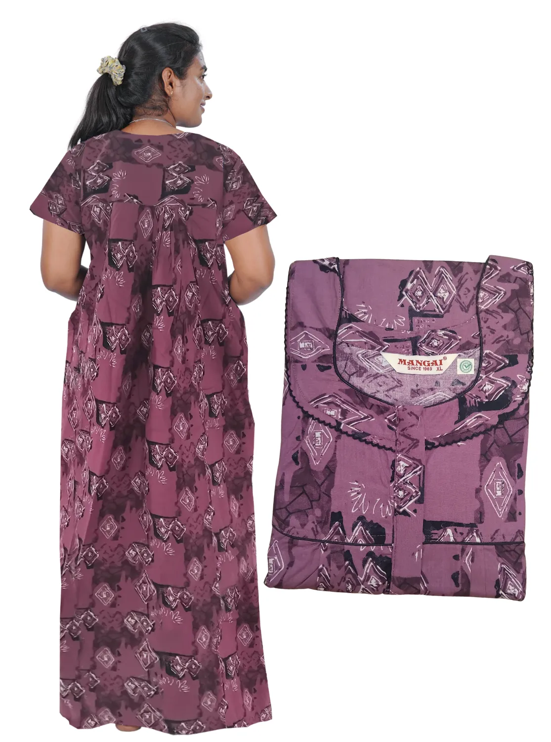 MANGAI New Regular Fit Cotton Printed Pleated Nighties - All Over Printed Stylish Nighties | Side Cut Pocket | Front Open Zipper Type | Beautiful Nighties for Stylish Women's (PLE)