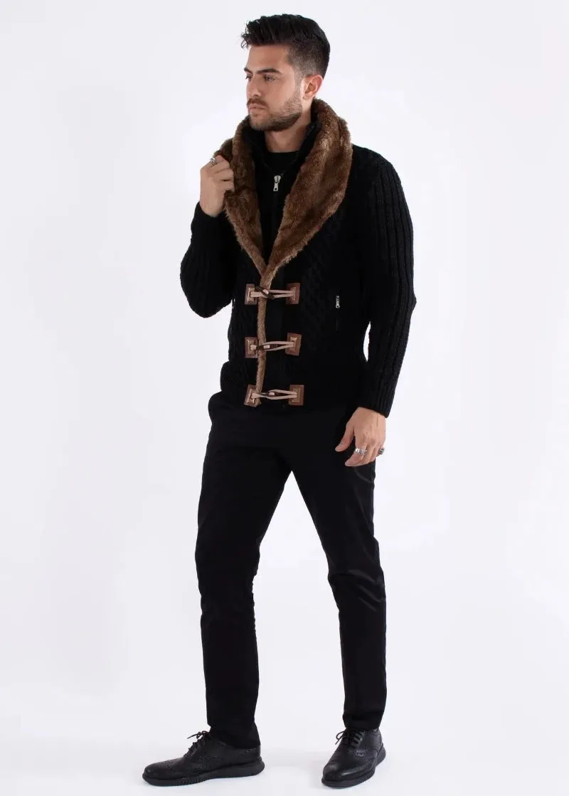 Men's Black Zip-Up Sweater with Fur Collar Zipper Pockets