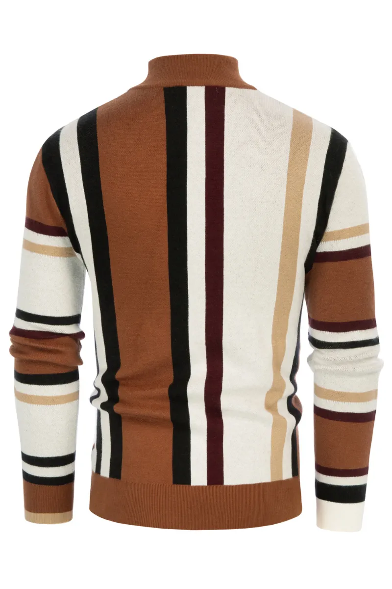 Mens Vintage Stripes Pullover Stand Collar Mockneck Jumper Sweater