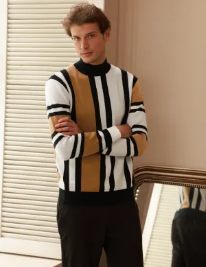 Mens Vintage Stripes Pullover Stand Collar Mockneck Jumper Sweater