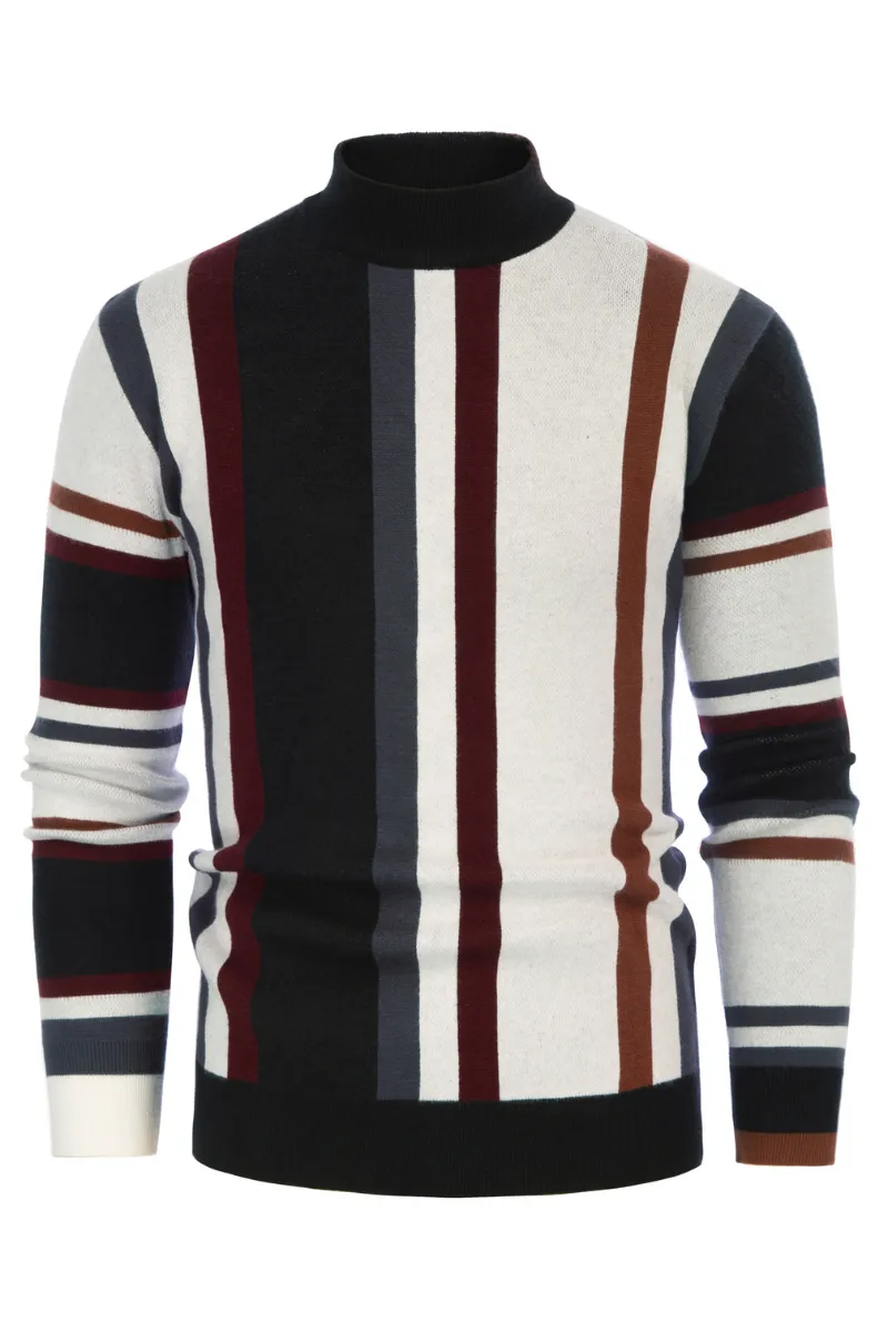 Mens Vintage Stripes Pullover Stand Collar Mockneck Jumper Sweater