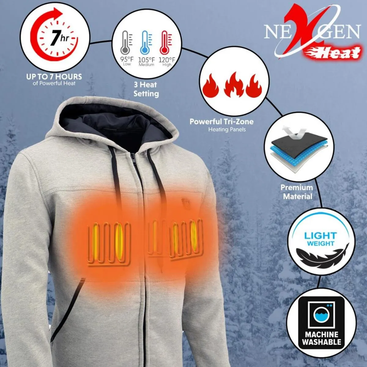 Nexgen Heat Men's Fiery Heated Hoodie Silver Zipper Front Sweatshirt Jacket with Battery Pack