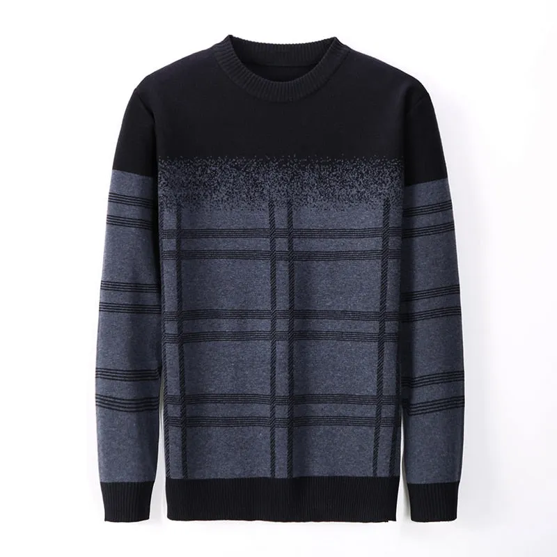 Ombre Plaid Style O-Neck Sweater