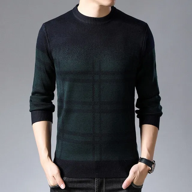 Ombre Plaid Style O-Neck Sweater