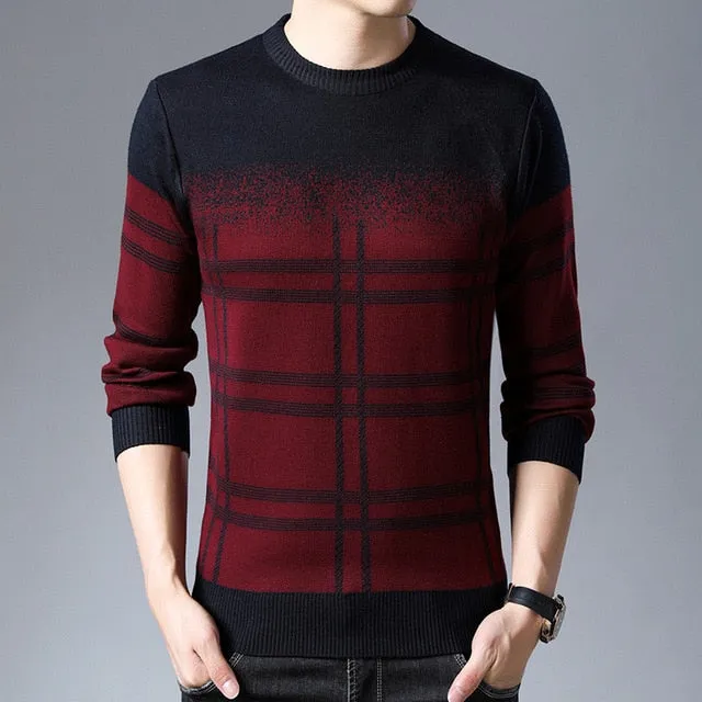 Ombre Plaid Style O-Neck Sweater