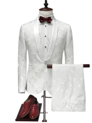 One Button Slim White Men's Dress Suit Notched Collar Printed