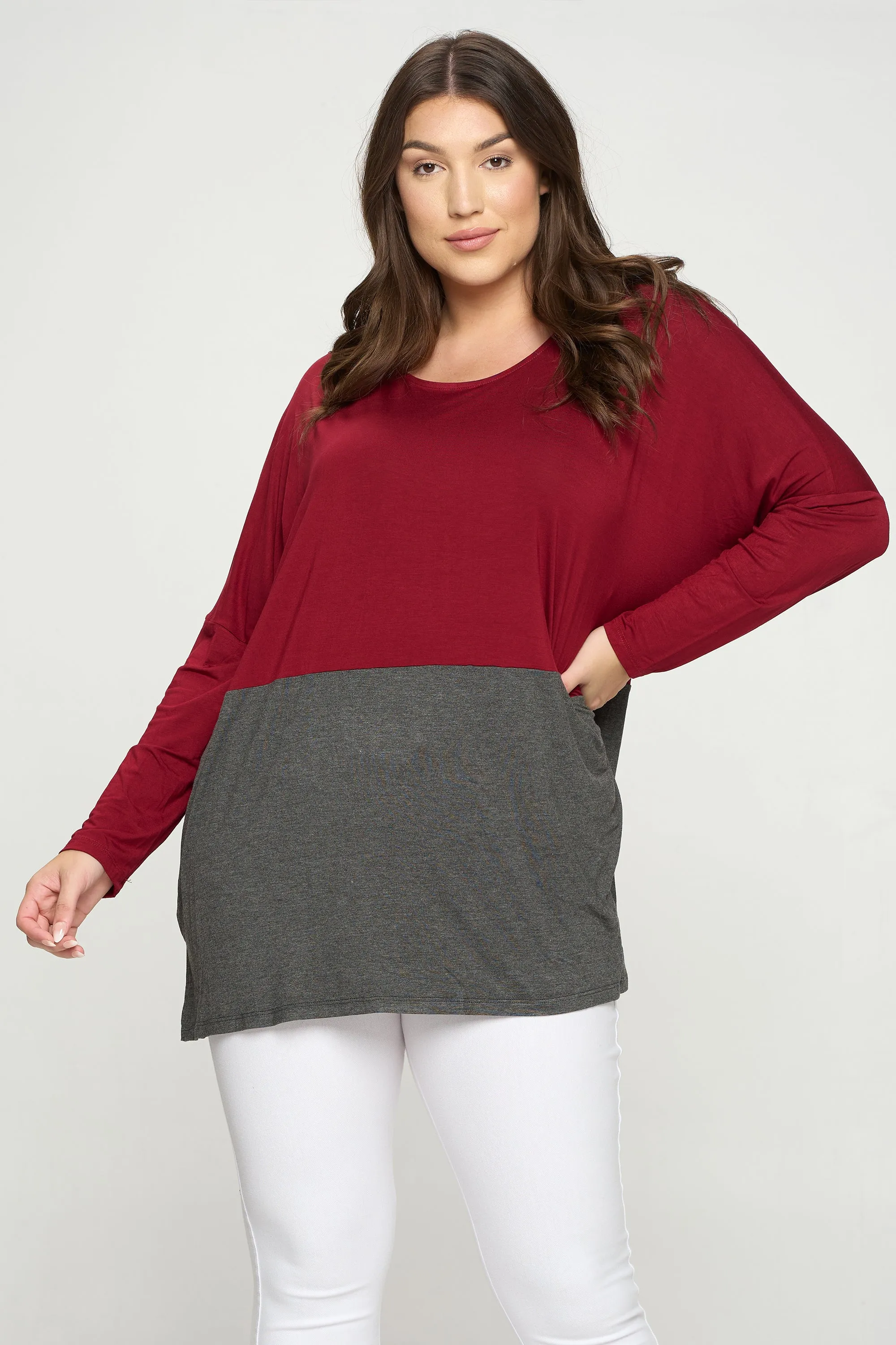 Plus Size Simple Colorblock Long Sleeve Top