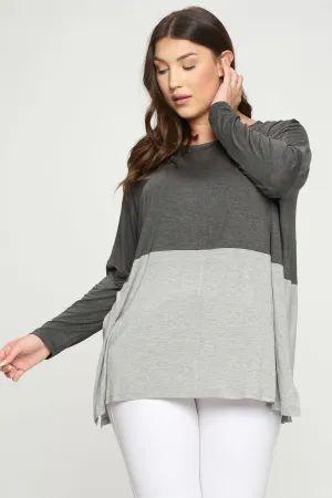 Plus Size Simple Colorblock Long Sleeve Top