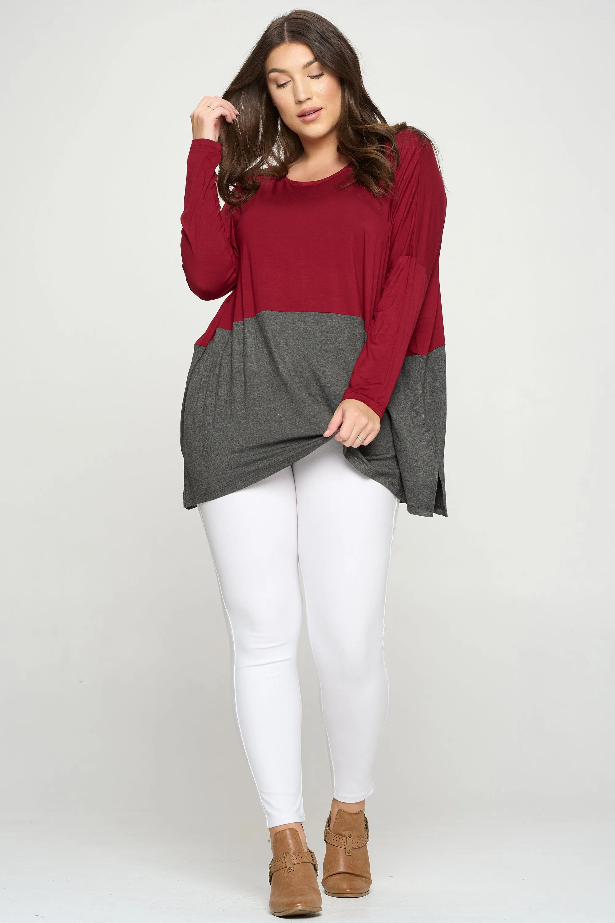 Plus Size Simple Colorblock Long Sleeve Top