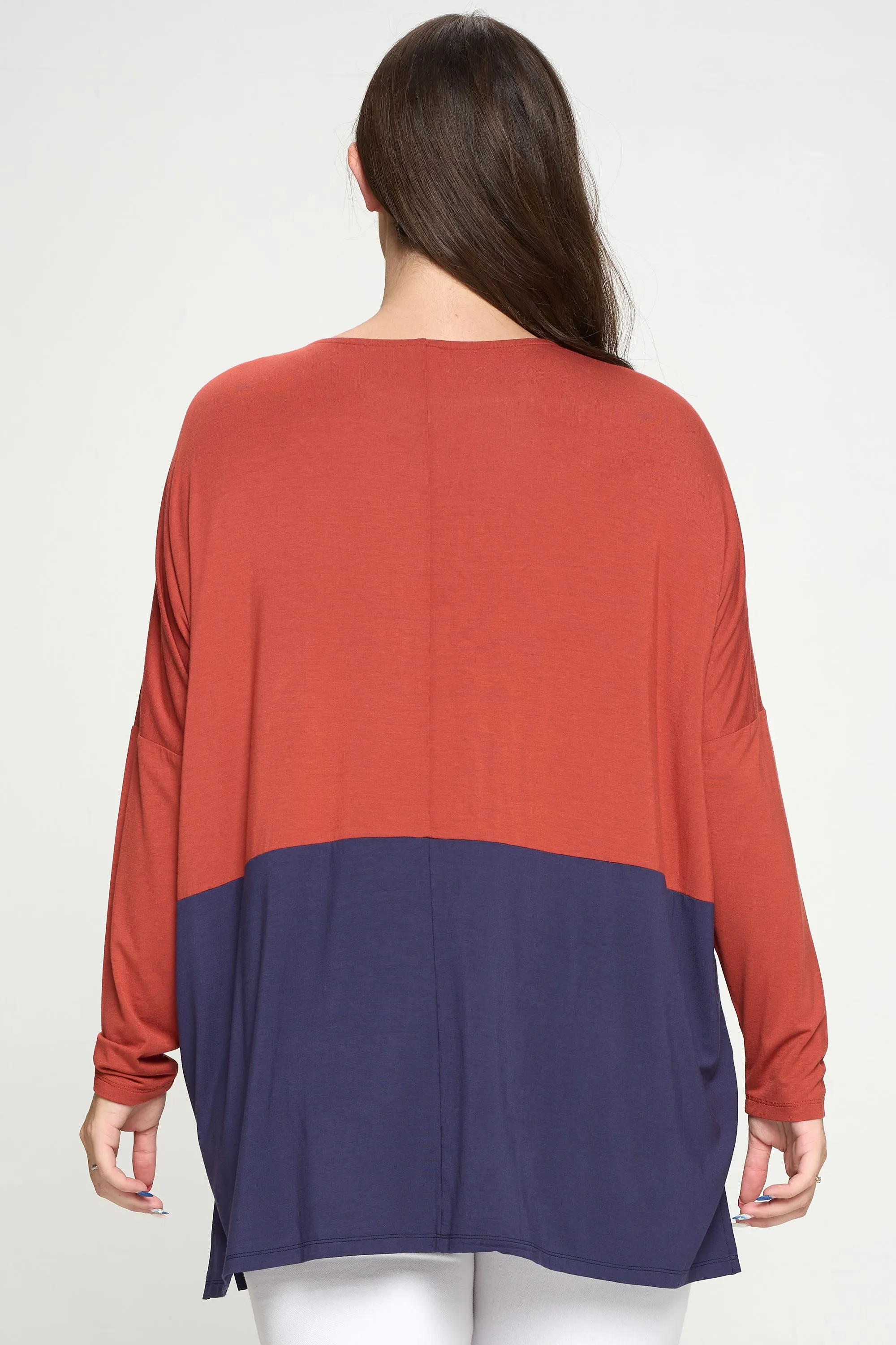 Plus Size Simple Colorblock Long Sleeve Top