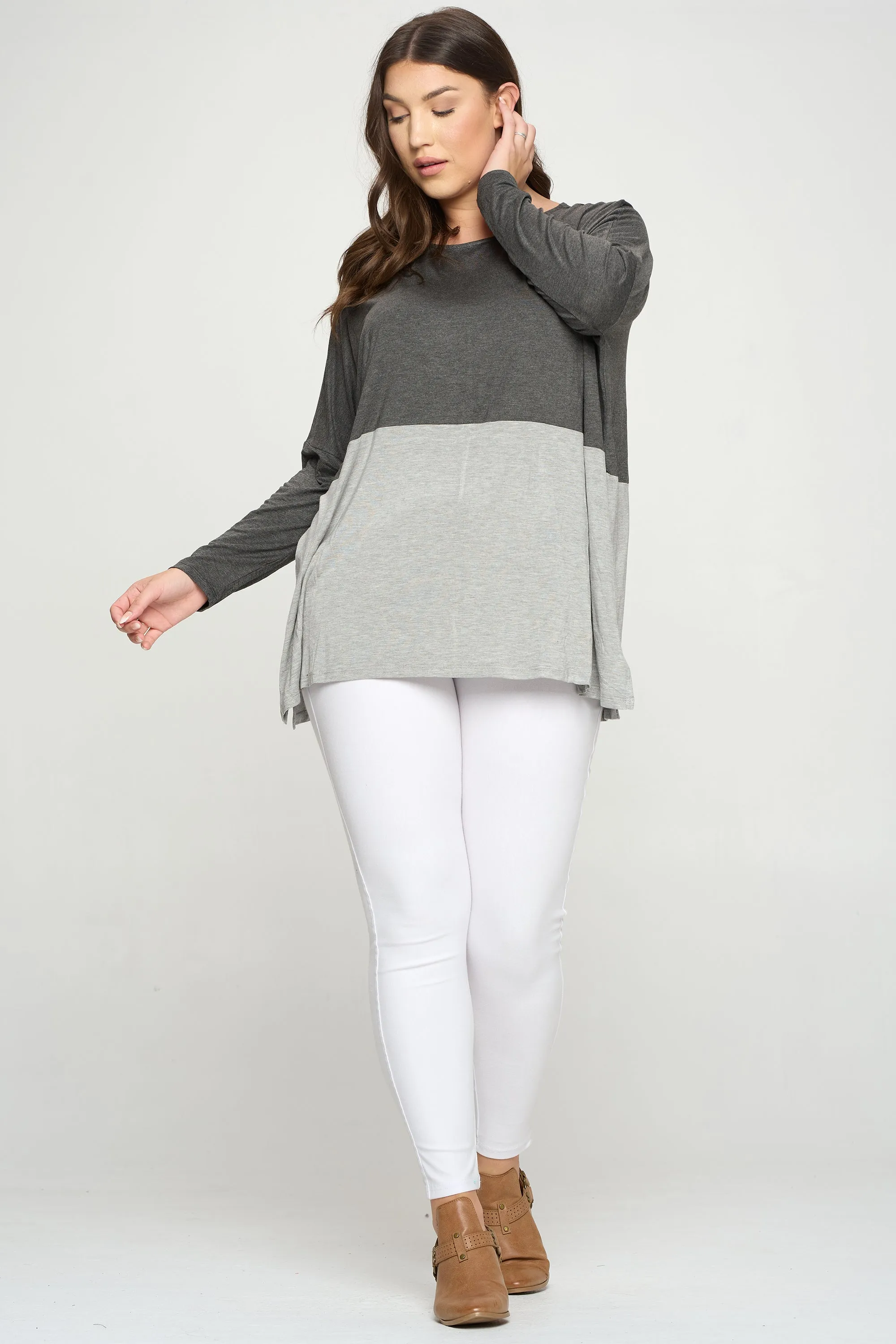 Plus Size Simple Colorblock Long Sleeve Top