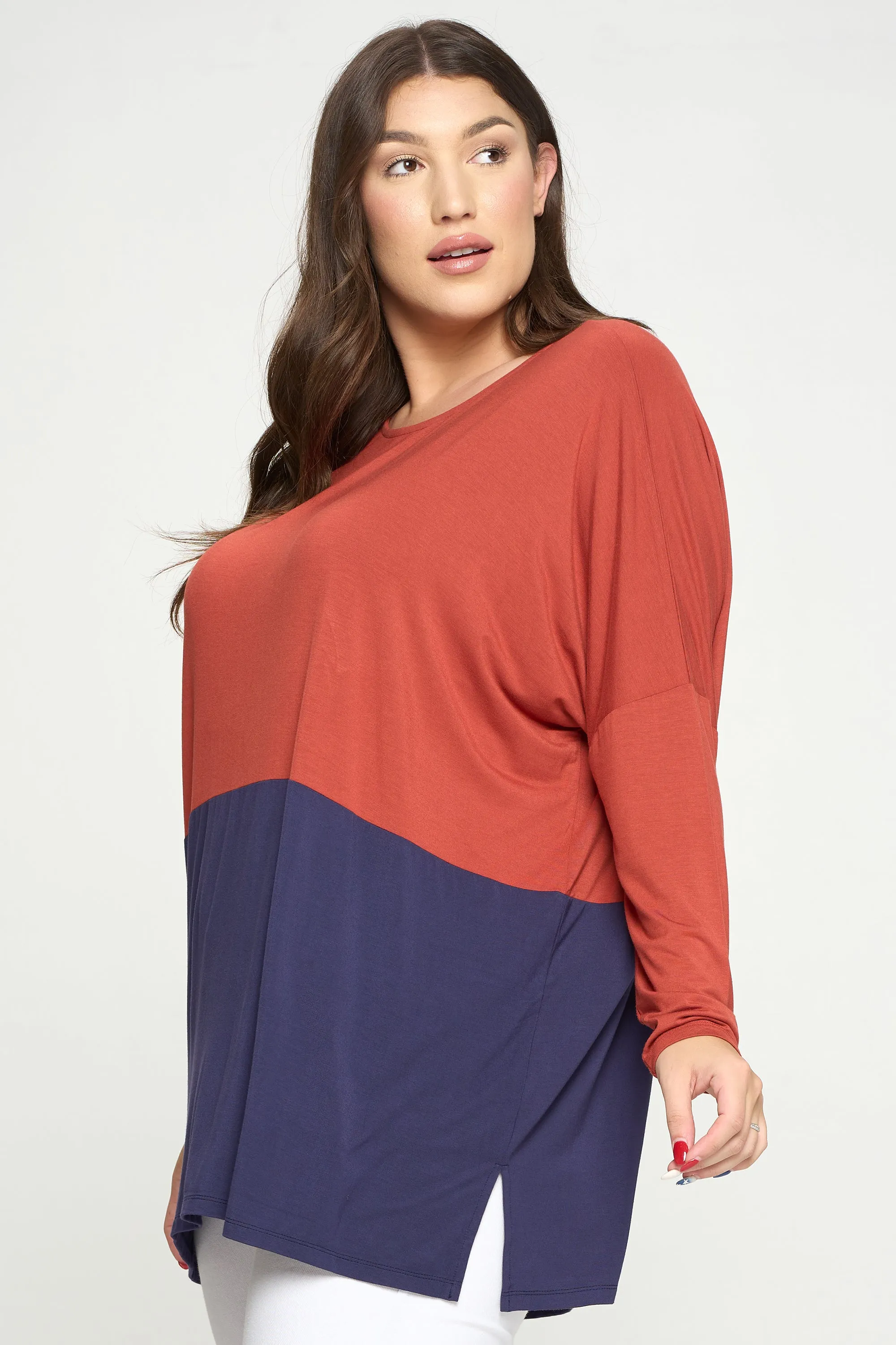 Plus Size Simple Colorblock Long Sleeve Top