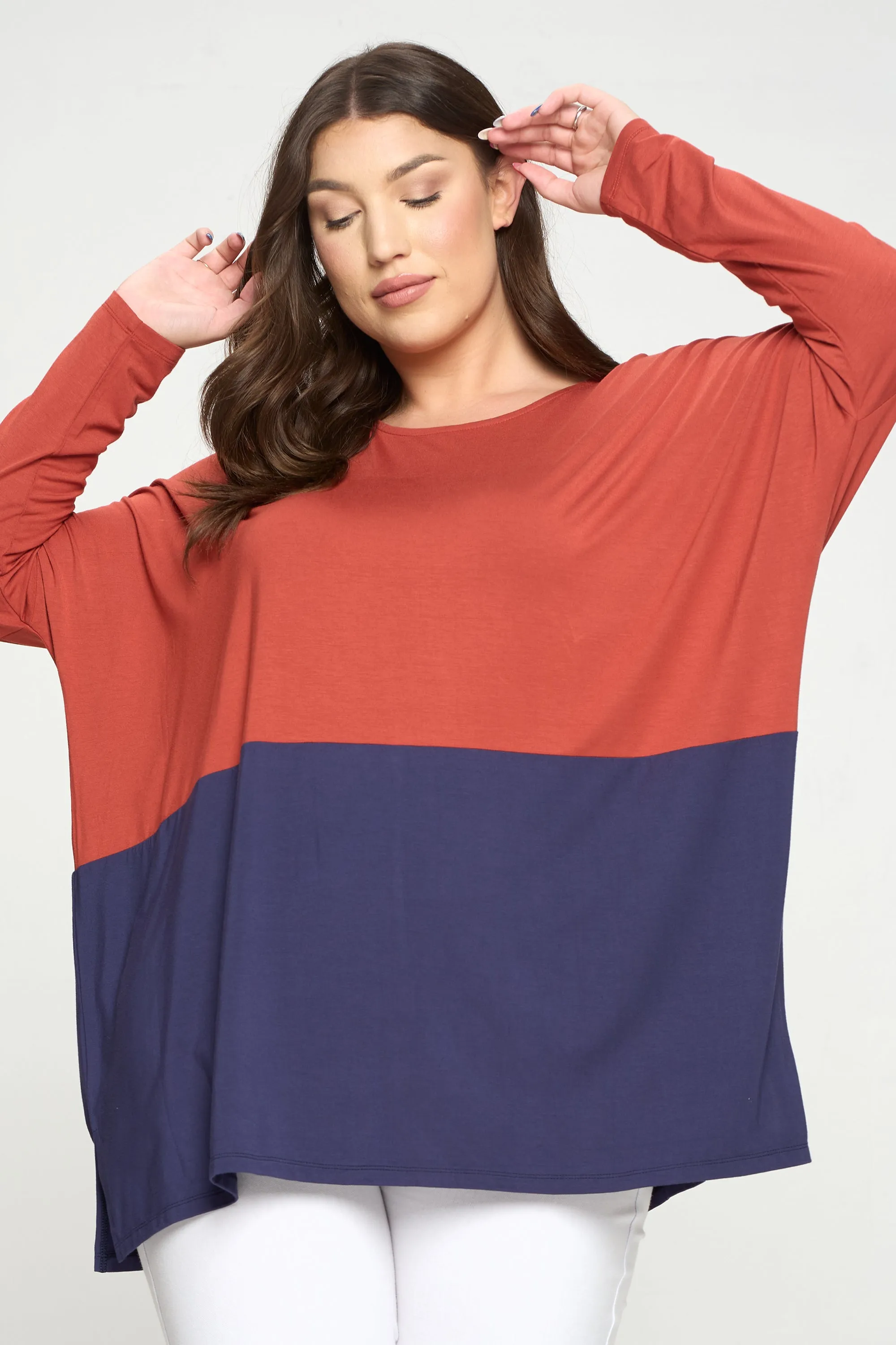 Plus Size Simple Colorblock Long Sleeve Top