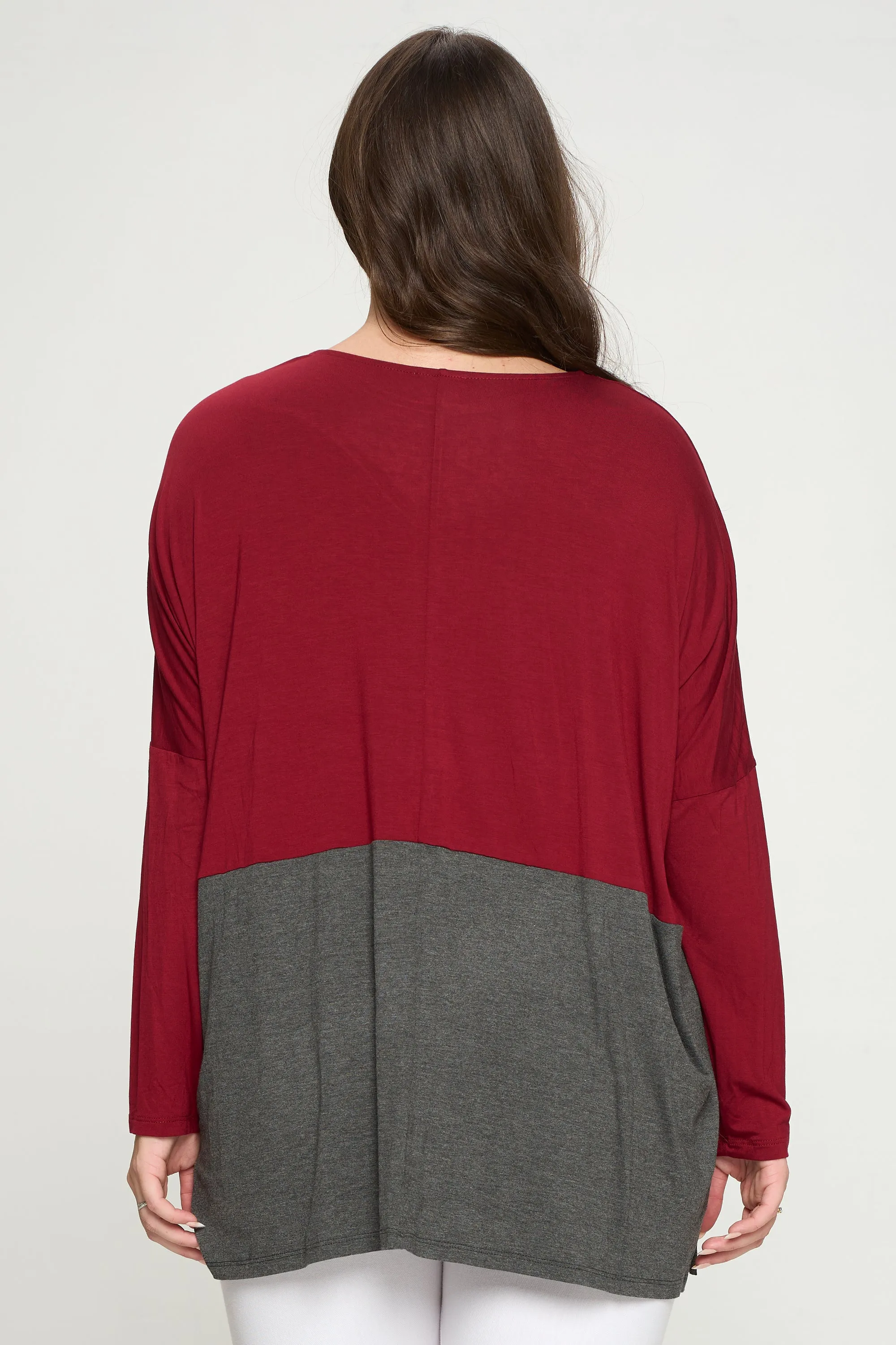 Plus Size Simple Colorblock Long Sleeve Top