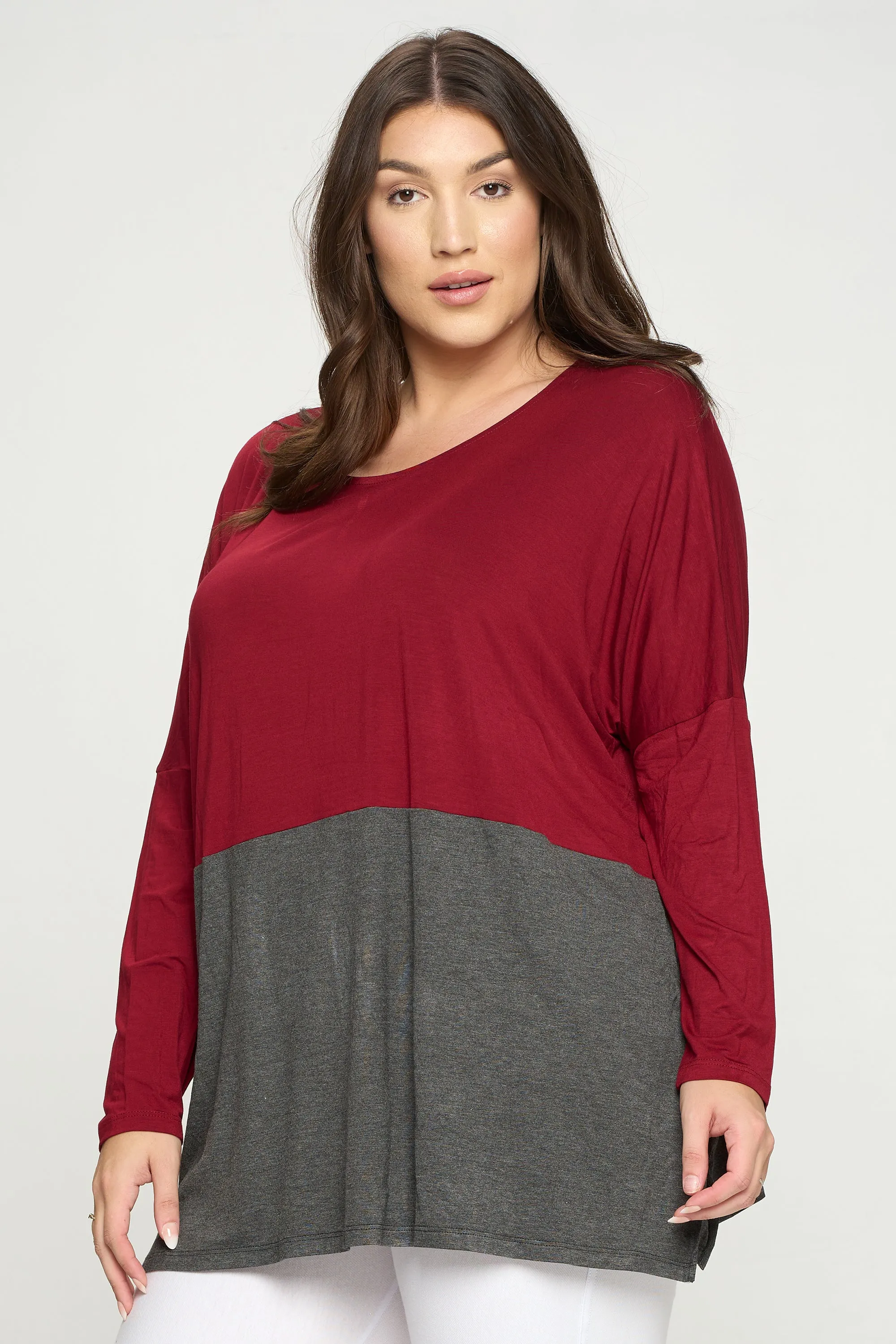 Plus Size Simple Colorblock Long Sleeve Top