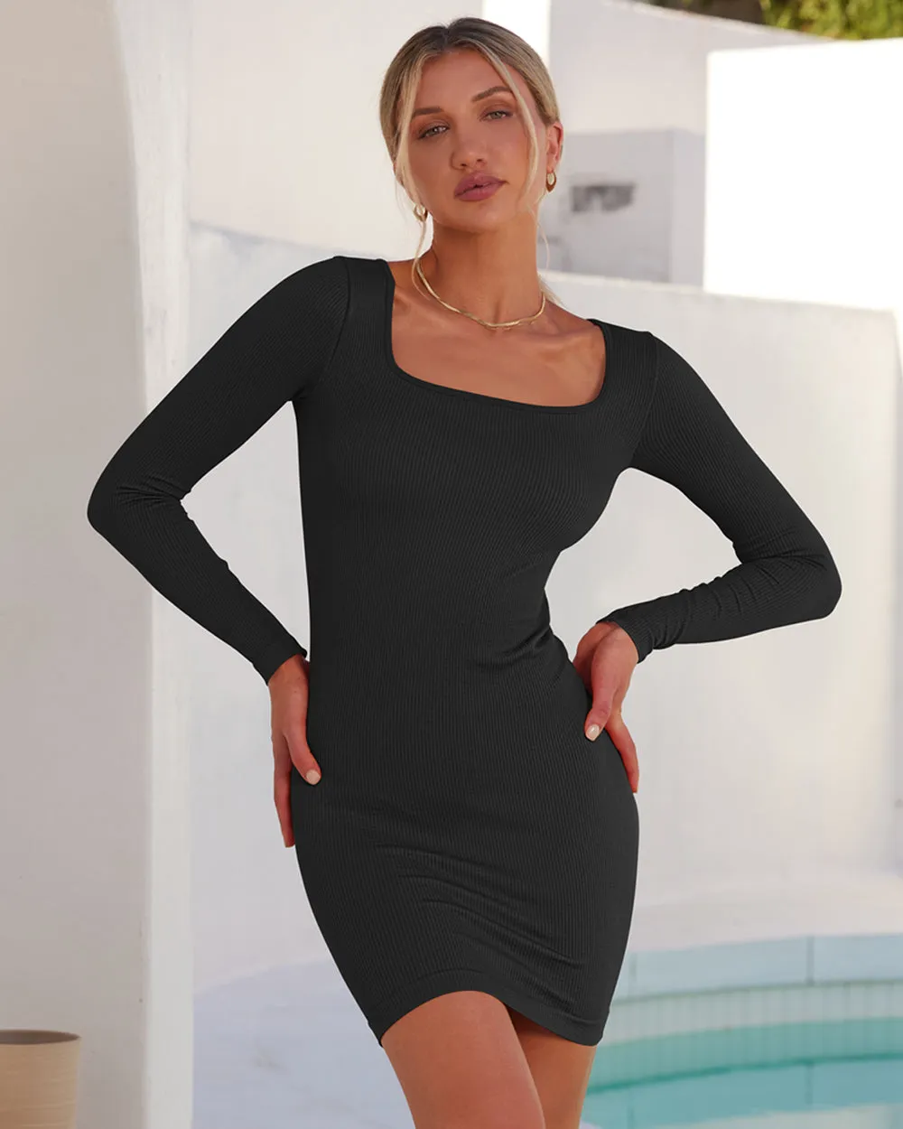 Ribbed Long Sleeve Square Neck Tops Mini Dress