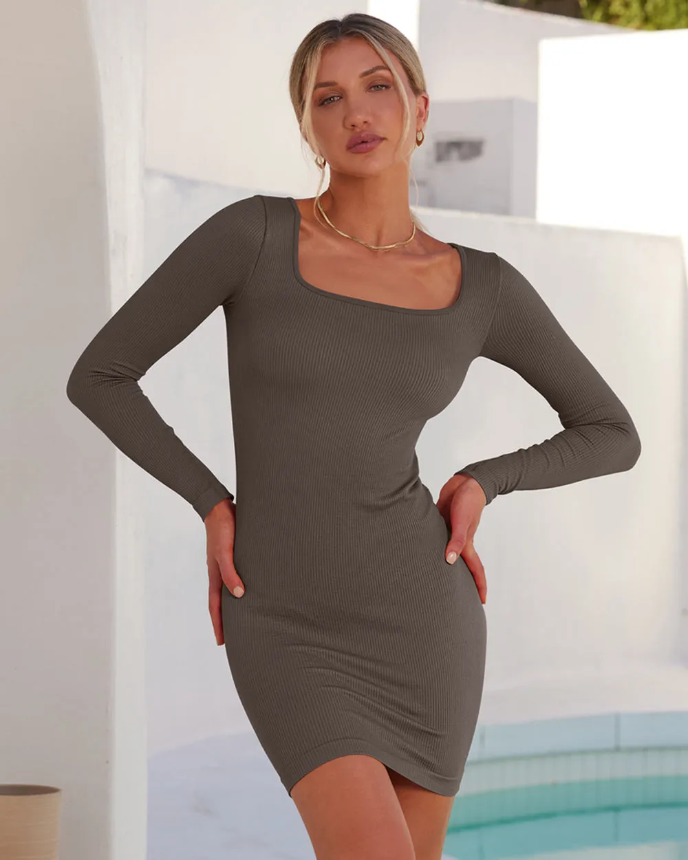 Ribbed Long Sleeve Square Neck Tops Mini Dress