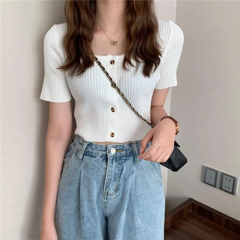 Square Neck Short Sleeve Women Summer Trendy Sweater Niche Single-Breasted High Waist Tops Outerwear