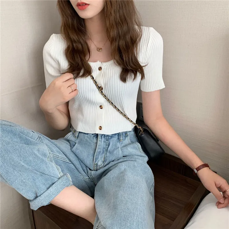 Square Neck Short Sleeve Women Summer Trendy Sweater Niche Single-Breasted High Waist Tops Outerwear