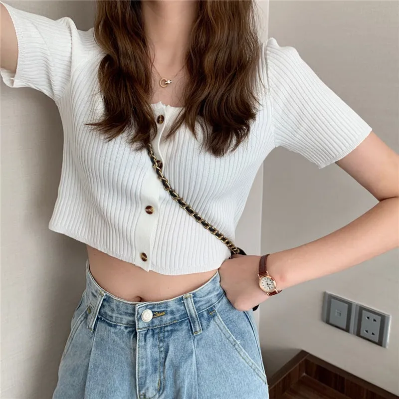 Square Neck Short Sleeve Women Summer Trendy Sweater Niche Single-Breasted High Waist Tops Outerwear