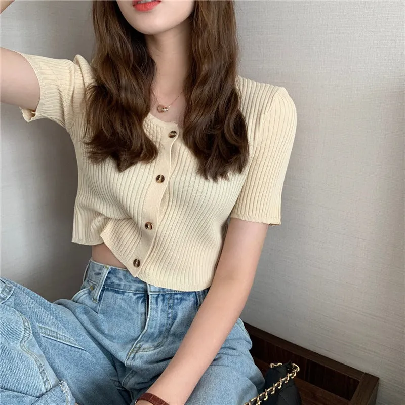 Square Neck Short Sleeve Women Summer Trendy Sweater Niche Single-Breasted High Waist Tops Outerwear